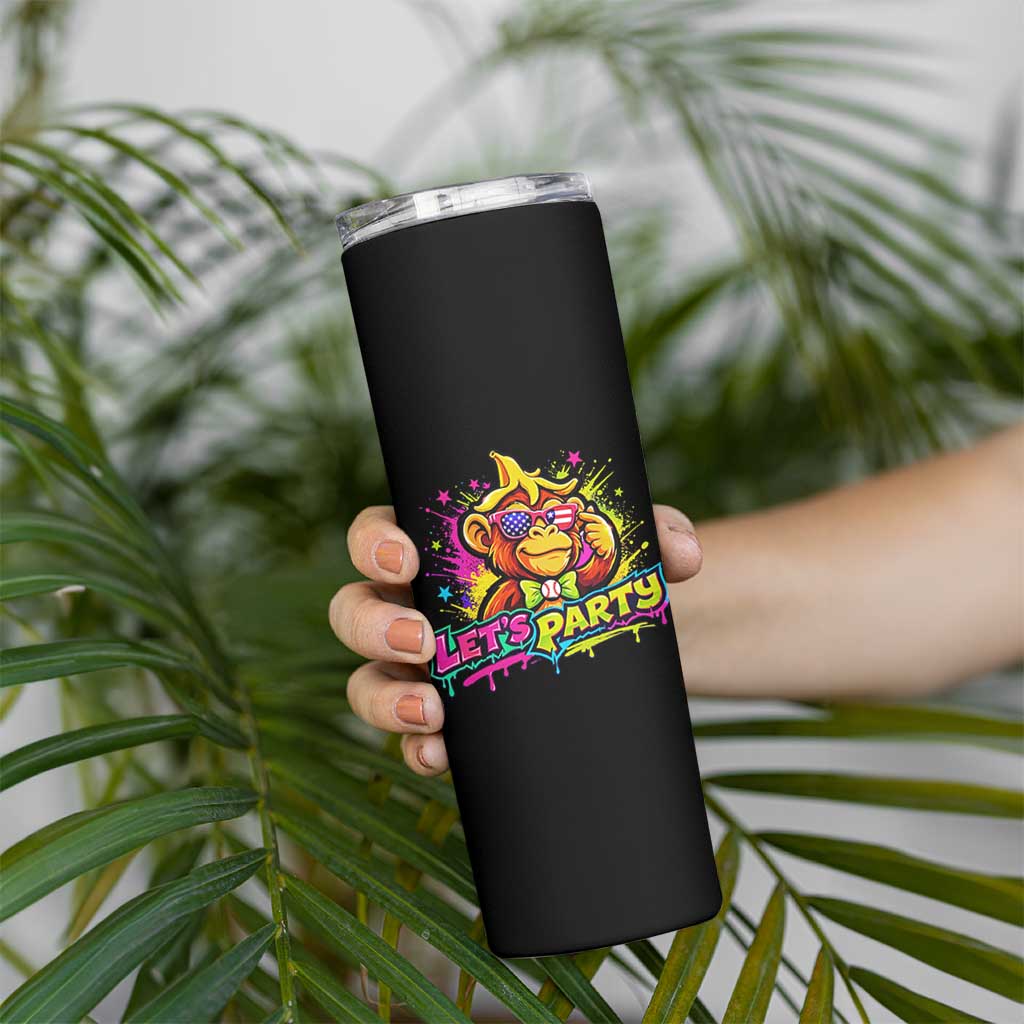 Lets Party Baseball Monkey Colorful Graphic Skinny Tumbler American Flag Game Day Fans Ball Party Vibes