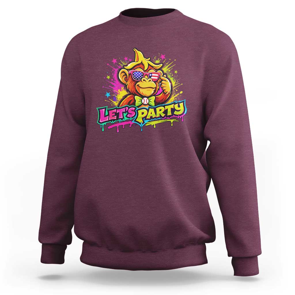 Lets Party Baseball Monkey Colorful Graphic Sweatshirt American Flag Game Day Fans Ball Party Vibes