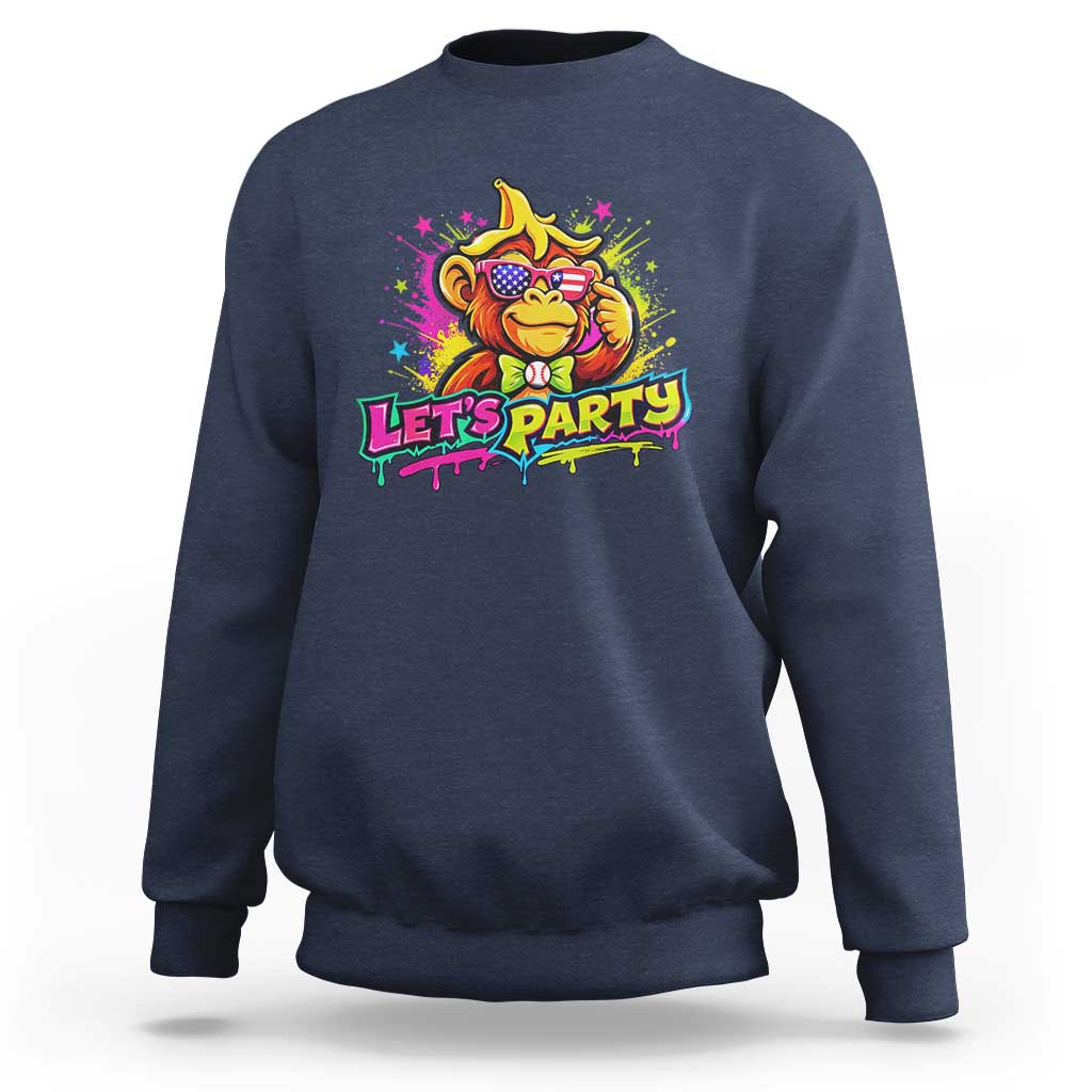 Lets Party Baseball Monkey Colorful Graphic Sweatshirt American Flag Game Day Fans Ball Party Vibes