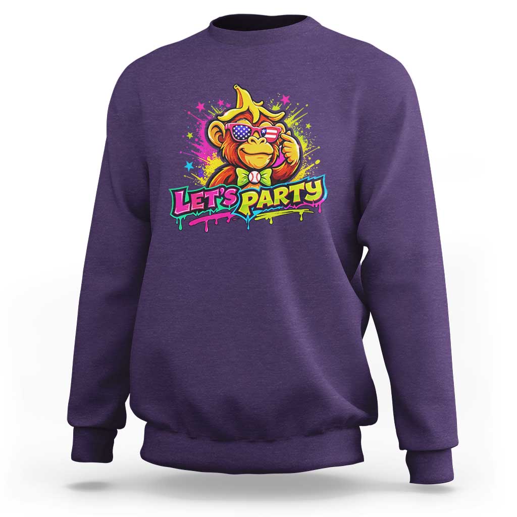 Lets Party Baseball Monkey Colorful Graphic Sweatshirt American Flag Game Day Fans Ball Party Vibes