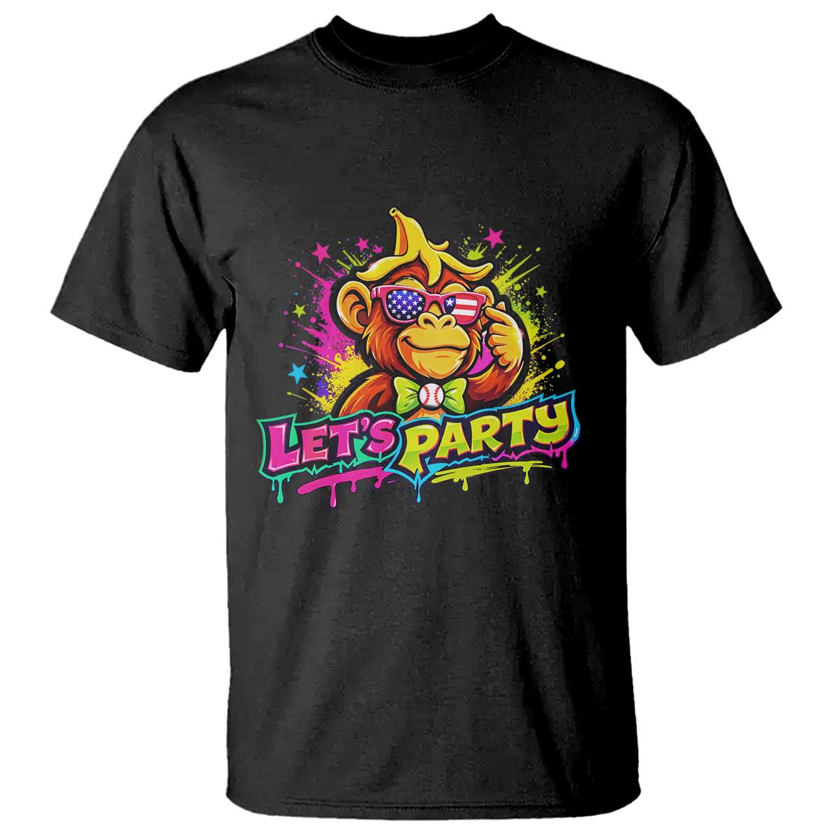 Lets Party Baseball Monkey Colorful Graphic T Shirt American Flag Game Day Fans Ball Party Vibes