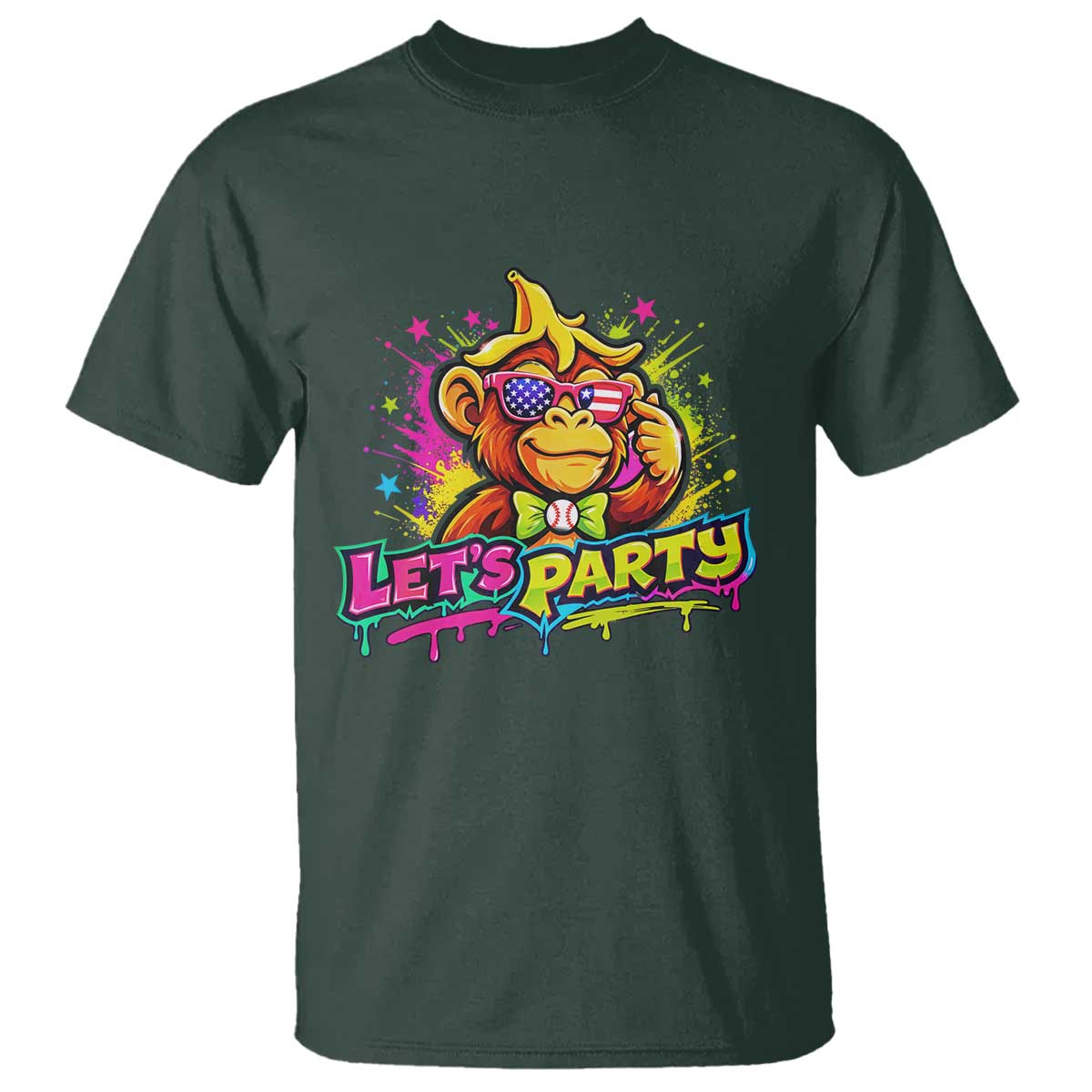 Lets Party Baseball Monkey Colorful Graphic T Shirt American Flag Game Day Fans Ball Party Vibes