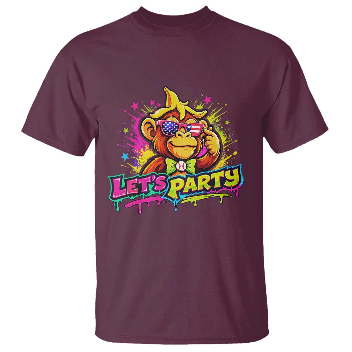 Lets Party Baseball Monkey Colorful Graphic T Shirt American Flag Game Day Fans Ball Party Vibes