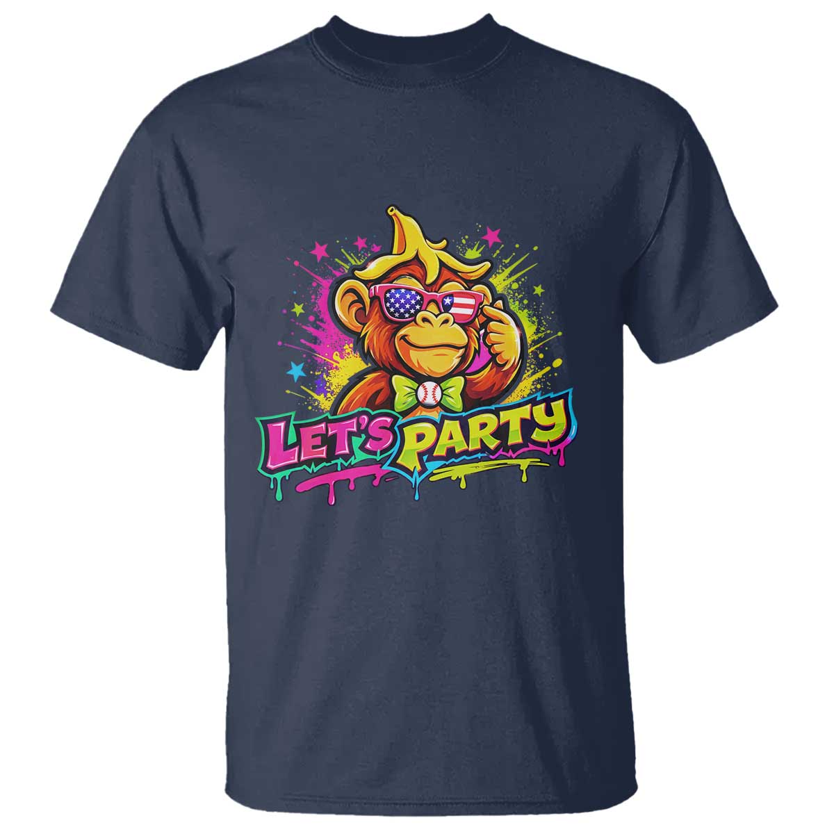 Lets Party Baseball Monkey Colorful Graphic T Shirt American Flag Game Day Fans Ball Party Vibes