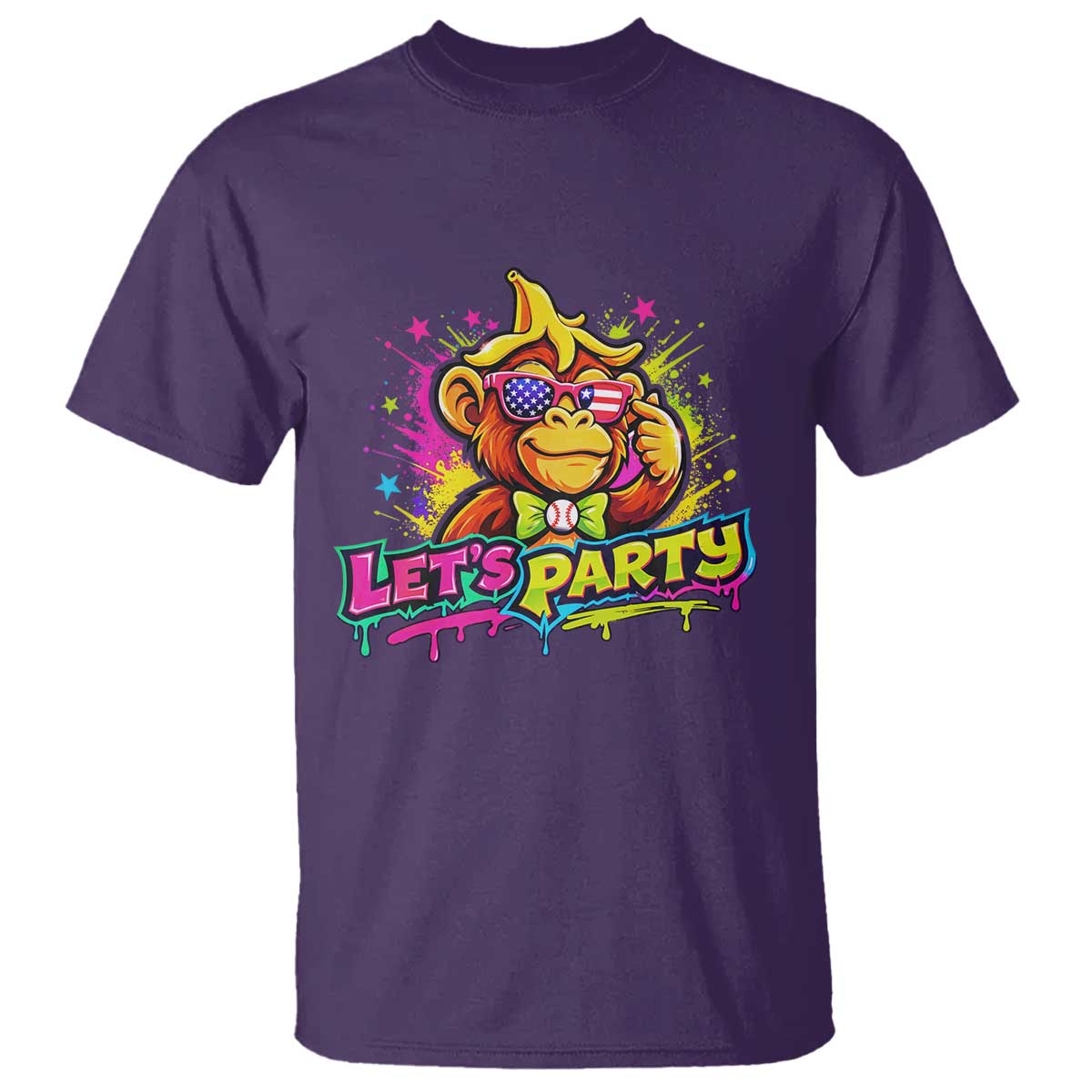 Lets Party Baseball Monkey Colorful Graphic T Shirt American Flag Game Day Fans Ball Party Vibes