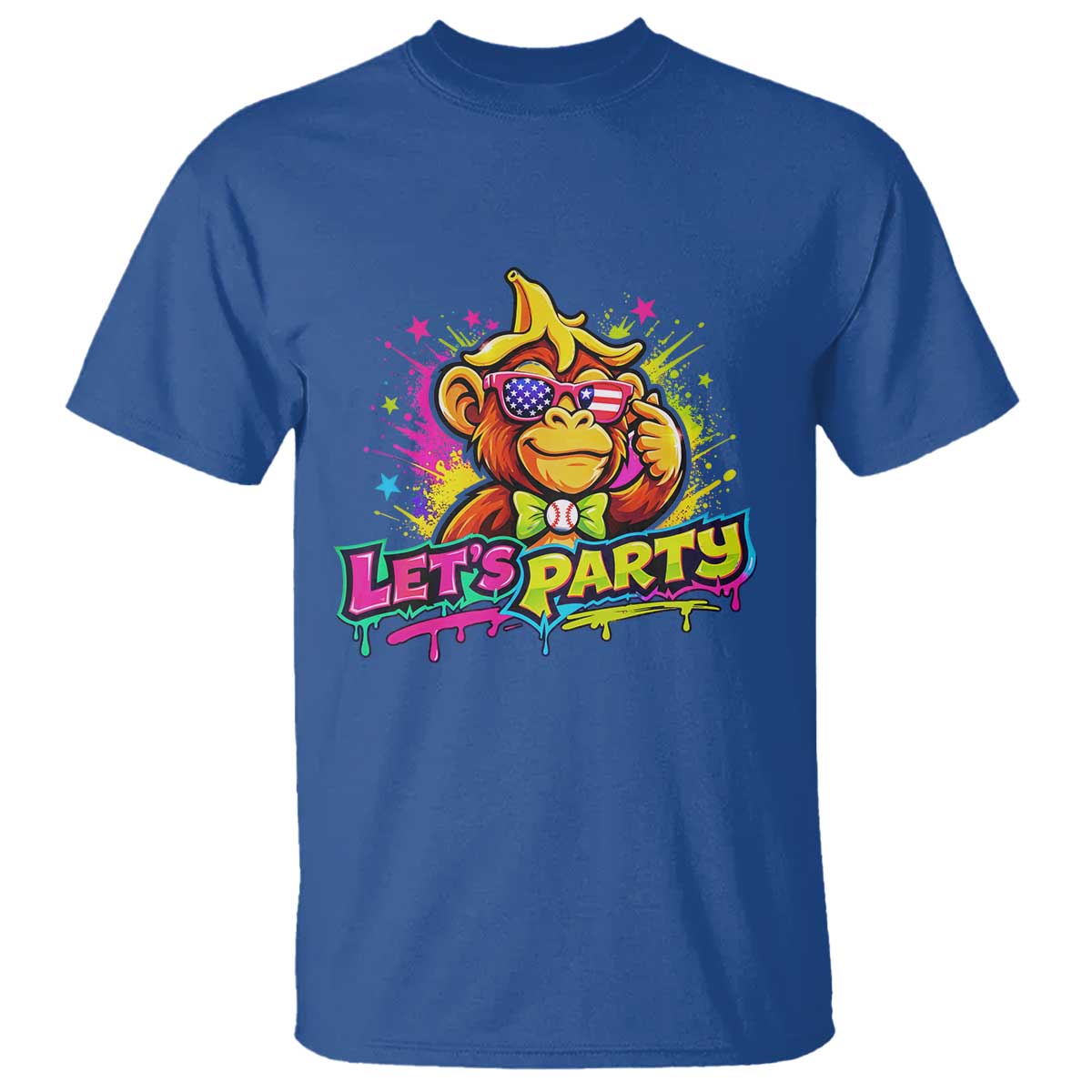 Lets Party Baseball Monkey Colorful Graphic T Shirt American Flag Game Day Fans Ball Party Vibes