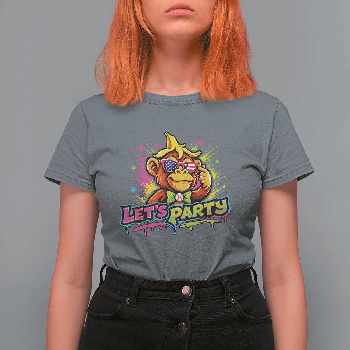 Lets Party Baseball Monkey Colorful Graphic T Shirt For Women American Flag Game Day Fans Ball Party Vibes