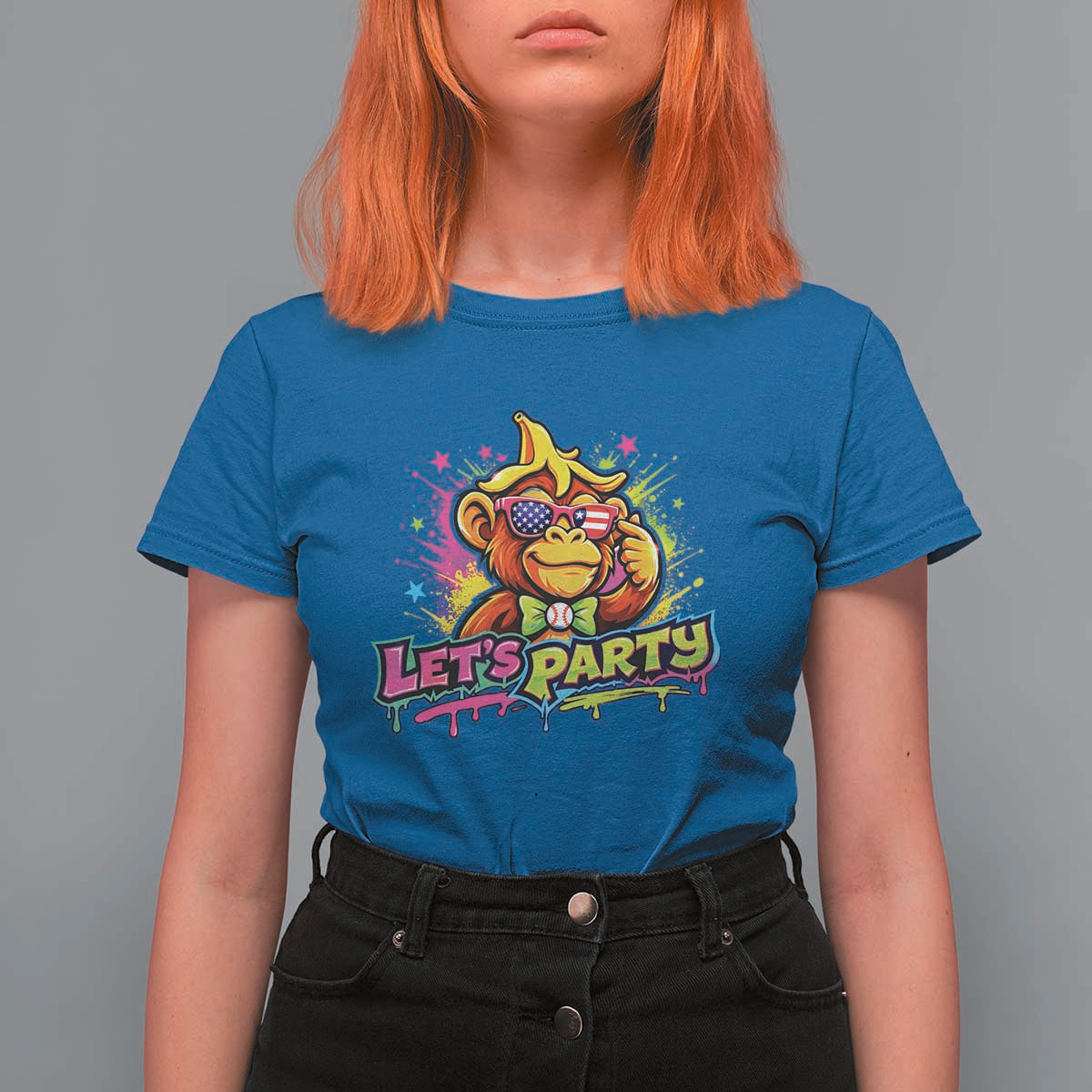 Lets Party Baseball Monkey Colorful Graphic T Shirt For Women American Flag Game Day Fans Ball Party Vibes