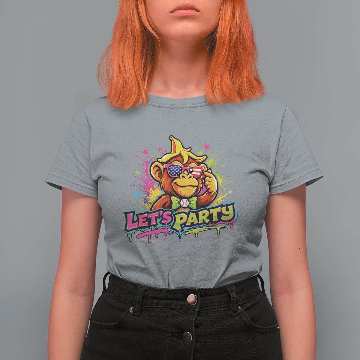 Lets Party Baseball Monkey Colorful Graphic T Shirt For Women American Flag Game Day Fans Ball Party Vibes