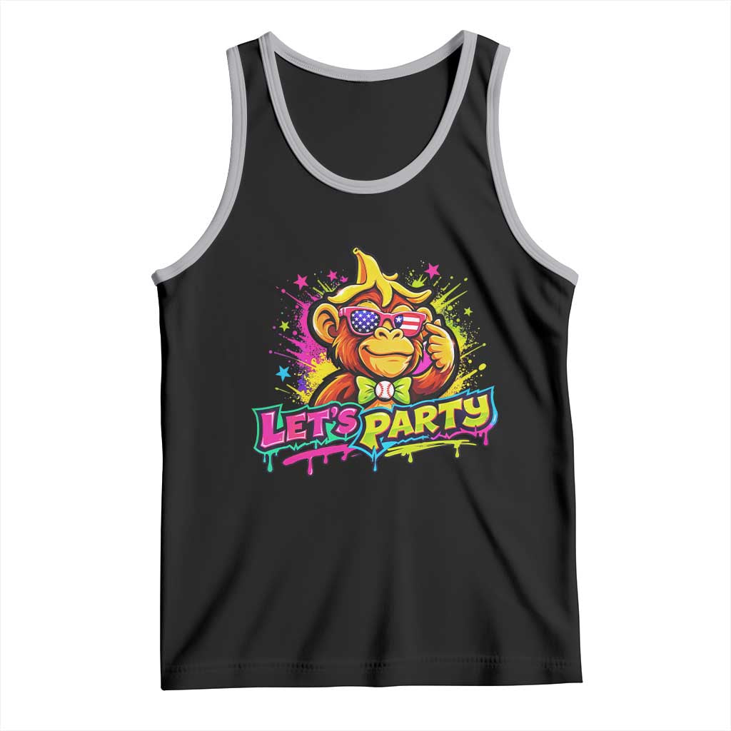 Lets Party Baseball Monkey Colorful Graphic Tank Top American Flag Game Day Fans Ball Party Vibes