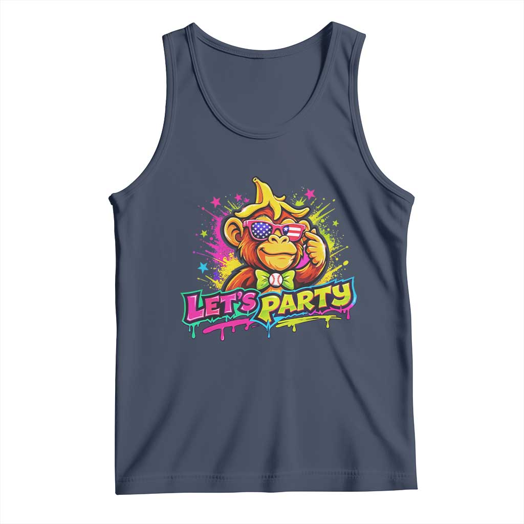 Lets Party Baseball Monkey Colorful Graphic Tank Top American Flag Game Day Fans Ball Party Vibes