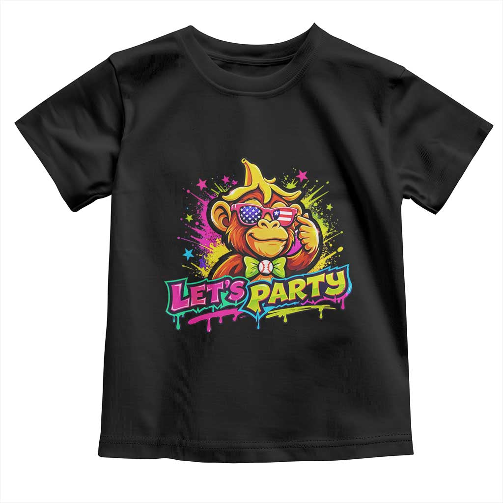Lets Party Baseball Monkey Colorful Graphic Toddler T Shirt American Flag Game Day Fans Ball Party Vibes