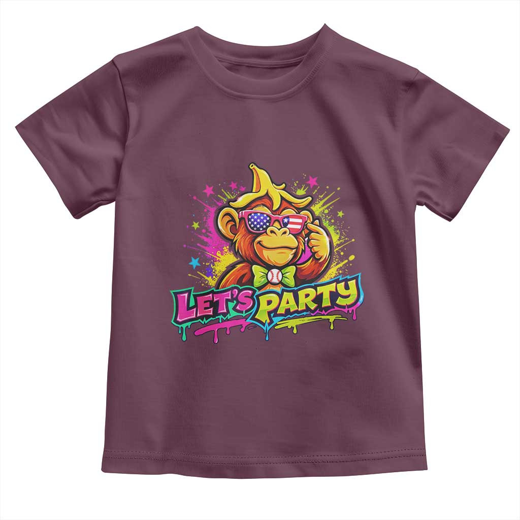 Lets Party Baseball Monkey Colorful Graphic Toddler T Shirt American Flag Game Day Fans Ball Party Vibes