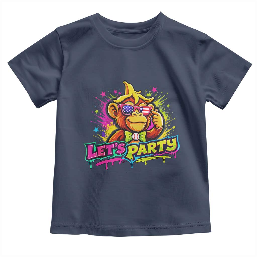 Lets Party Baseball Monkey Colorful Graphic Toddler T Shirt American Flag Game Day Fans Ball Party Vibes