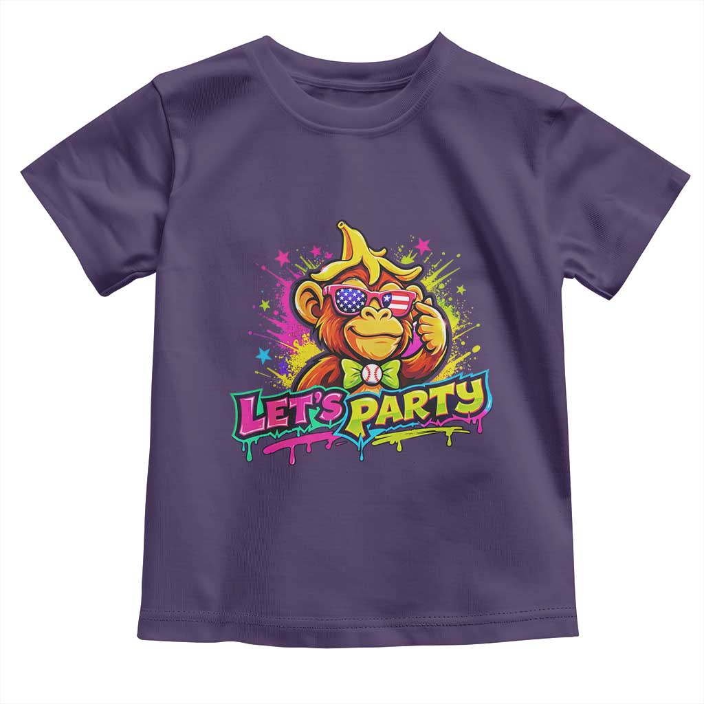 Lets Party Baseball Monkey Colorful Graphic Toddler T Shirt American Flag Game Day Fans Ball Party Vibes