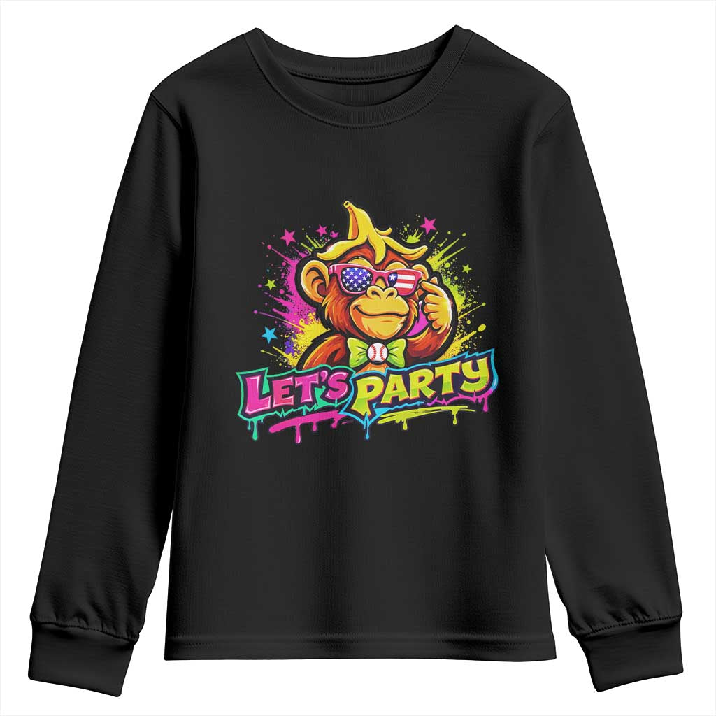Lets Party Baseball Monkey Colorful Graphic Youth Sweatshirt American Flag Game Day Fans Ball Party Vibes