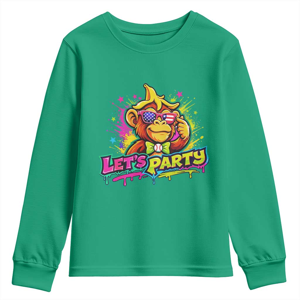 Lets Party Baseball Monkey Colorful Graphic Youth Sweatshirt American Flag Game Day Fans Ball Party Vibes