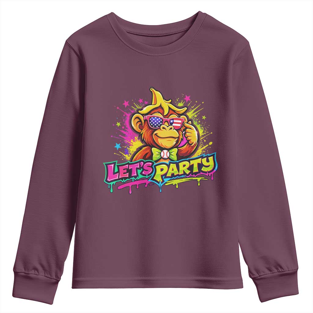 Lets Party Baseball Monkey Colorful Graphic Youth Sweatshirt American Flag Game Day Fans Ball Party Vibes
