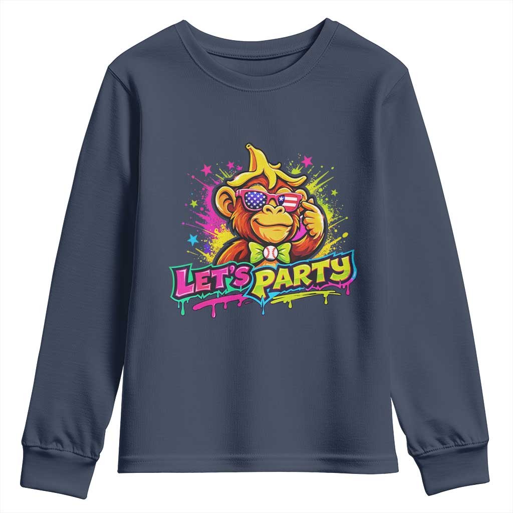 Lets Party Baseball Monkey Colorful Graphic Youth Sweatshirt American Flag Game Day Fans Ball Party Vibes