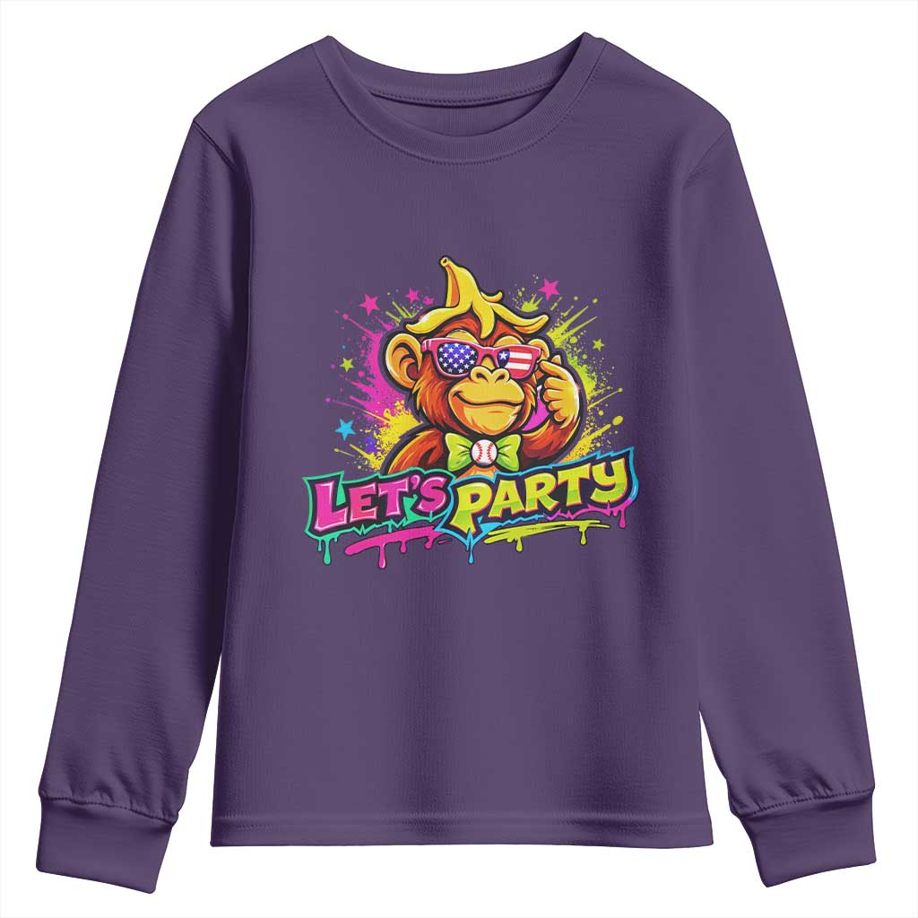 Lets Party Baseball Monkey Colorful Graphic Youth Sweatshirt American Flag Game Day Fans Ball Party Vibes