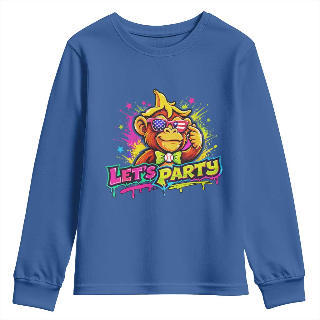 Lets Party Baseball Monkey Colorful Graphic Youth Sweatshirt American Flag Game Day Fans Ball Party Vibes