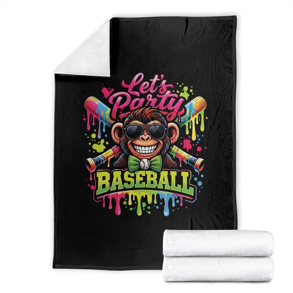 Lets Party Baseball Monkey Neon Dripping Graphic Throw Blanket Funny Ball Party Game Day Fans
