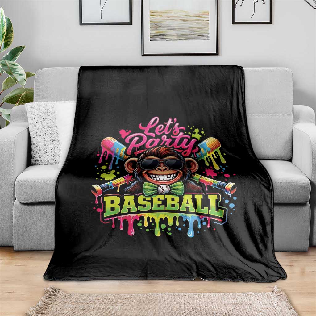 Lets Party Baseball Monkey Neon Dripping Graphic Throw Blanket Funny Ball Party Game Day Fans