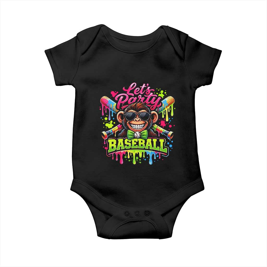 Lets Party Baseball Monkey Neon Dripping Graphic Baby Onesie Funny Ball Party Game Day Fans