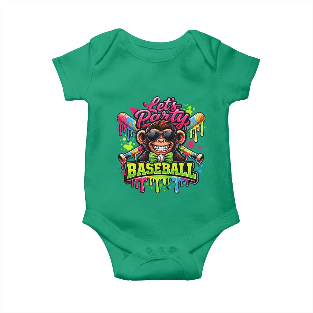 Lets Party Baseball Monkey Neon Dripping Graphic Baby Onesie Funny Ball Party Game Day Fans