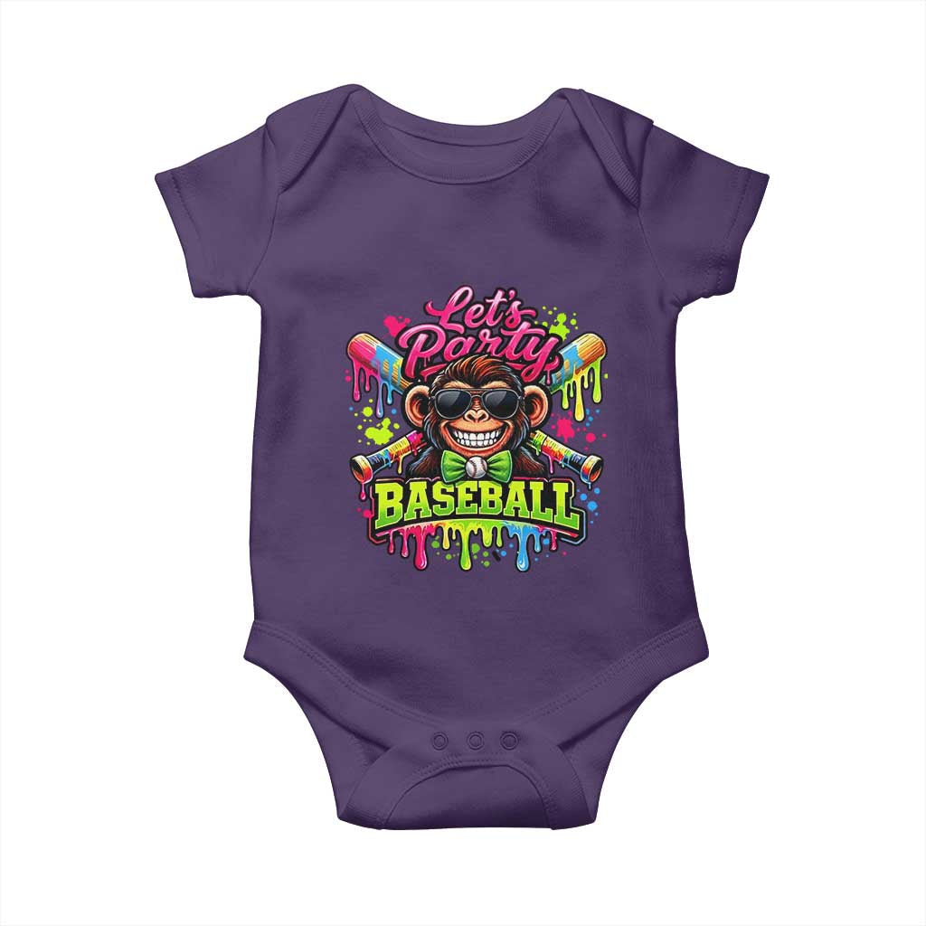 Lets Party Baseball Monkey Neon Dripping Graphic Baby Onesie Funny Ball Party Game Day Fans