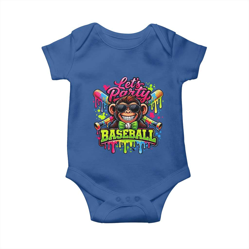Lets Party Baseball Monkey Neon Dripping Graphic Baby Onesie Funny Ball Party Game Day Fans