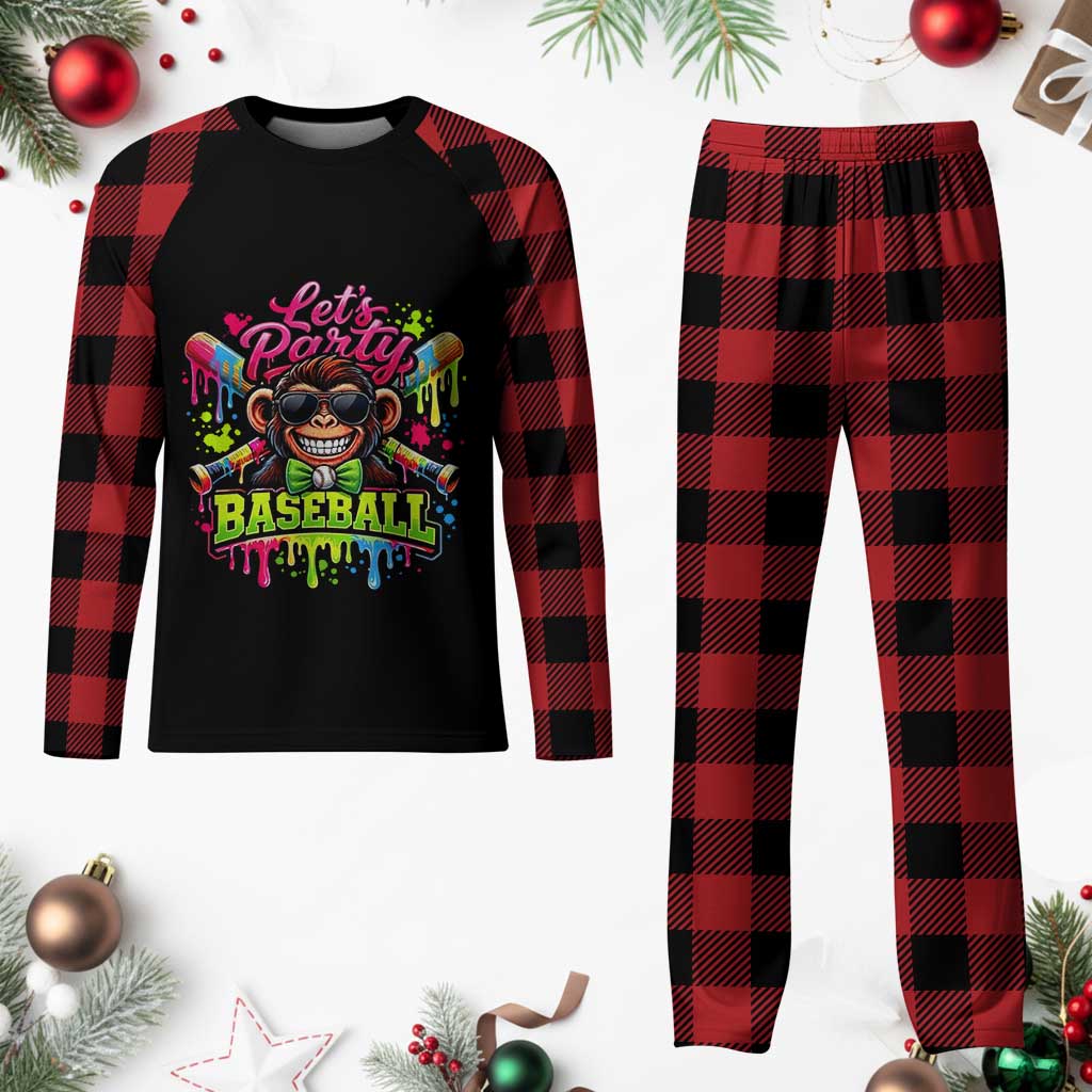 Lets Party Baseball Monkey Neon Dripping Graphic Plaid Pajama Set Funny Ball Party Game Day Fans