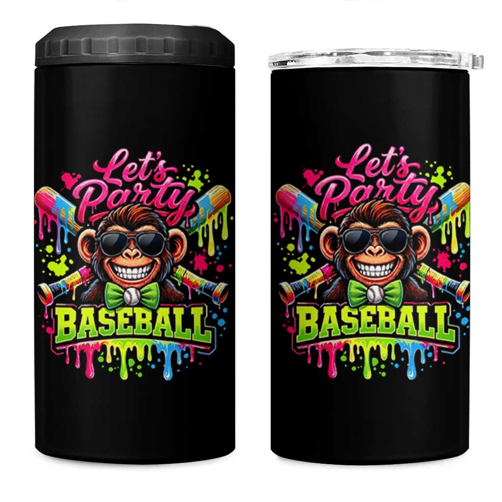 Lets Party Baseball Monkey Neon Dripping Graphic 4 in 1 Can Cooler Tumbler Funny Ball Party Game Day Fans