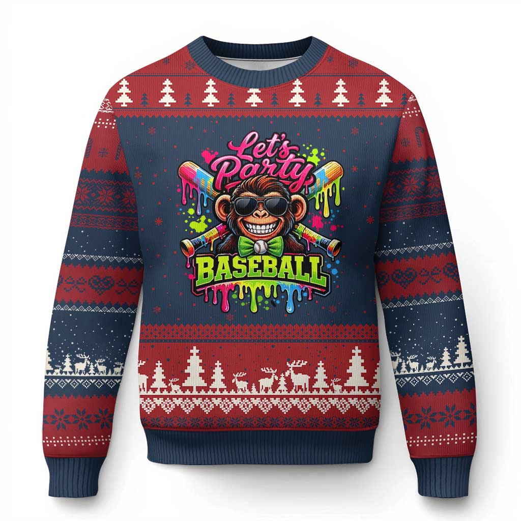 Lets Party Baseball Monkey Neon Dripping Graphic Ugly Christmas Sweater Funny Ball Party Game Day Fans