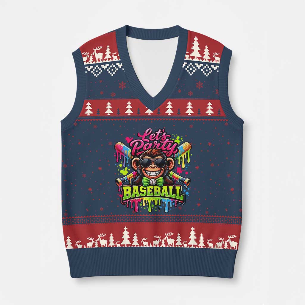 Lets Party Baseball Monkey Neon Dripping Graphic V-Neck Knit Sweater Vest Funny Ball Party Game Day Fans