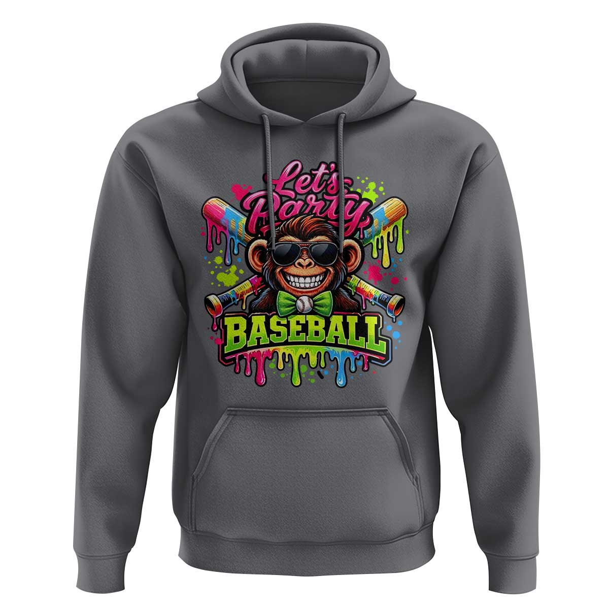 Lets Party Baseball Monkey Neon Dripping Graphic Hoodie Funny Ball Party Game Day Fans