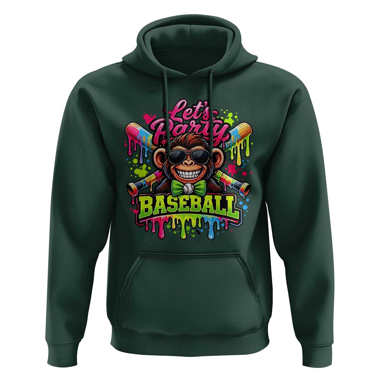 Lets Party Baseball Monkey Neon Dripping Graphic Hoodie Funny Ball Party Game Day Fans