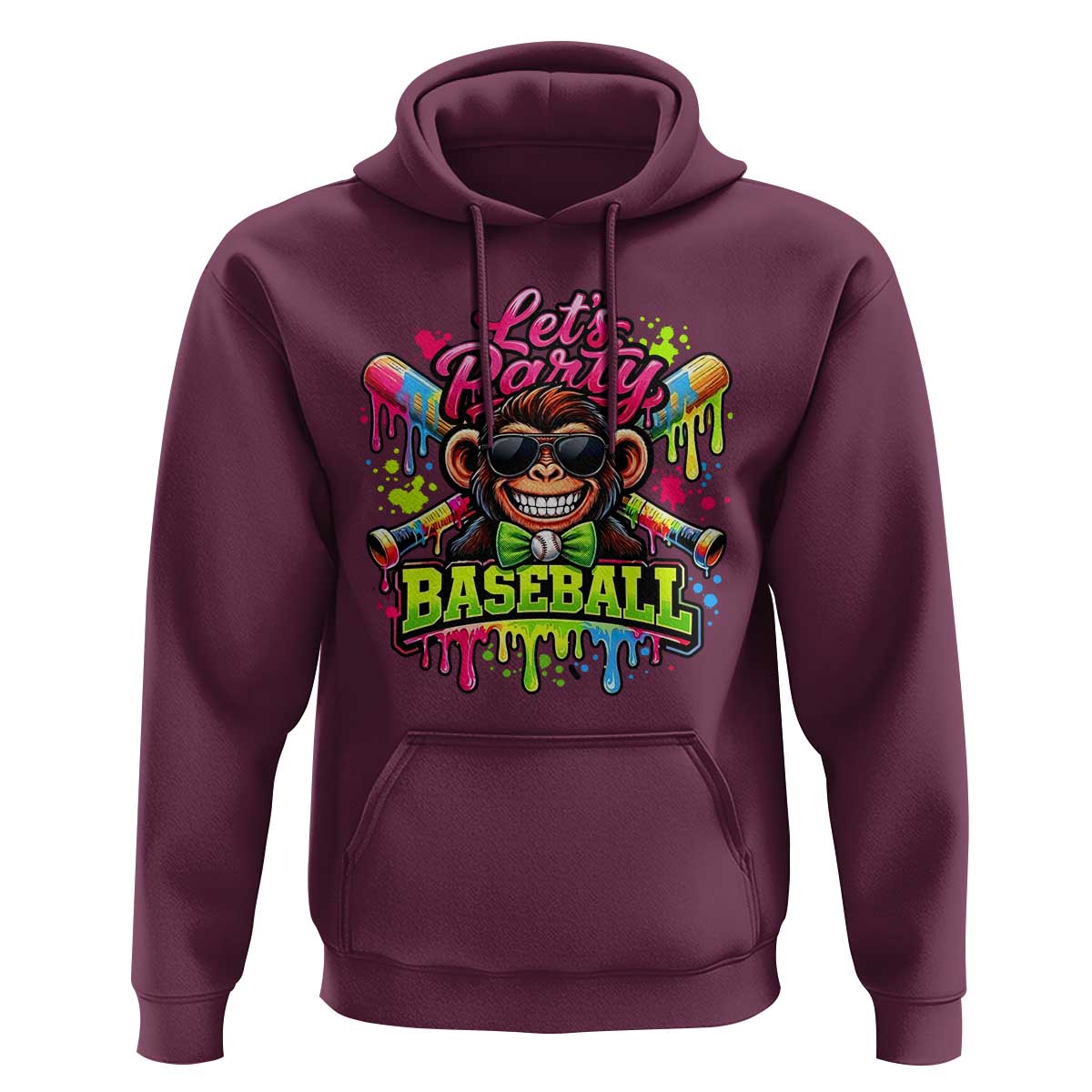 Lets Party Baseball Monkey Neon Dripping Graphic Hoodie Funny Ball Party Game Day Fans