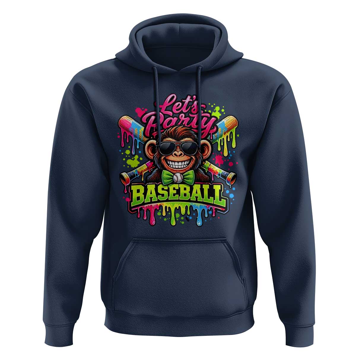 Lets Party Baseball Monkey Neon Dripping Graphic Hoodie Funny Ball Party Game Day Fans