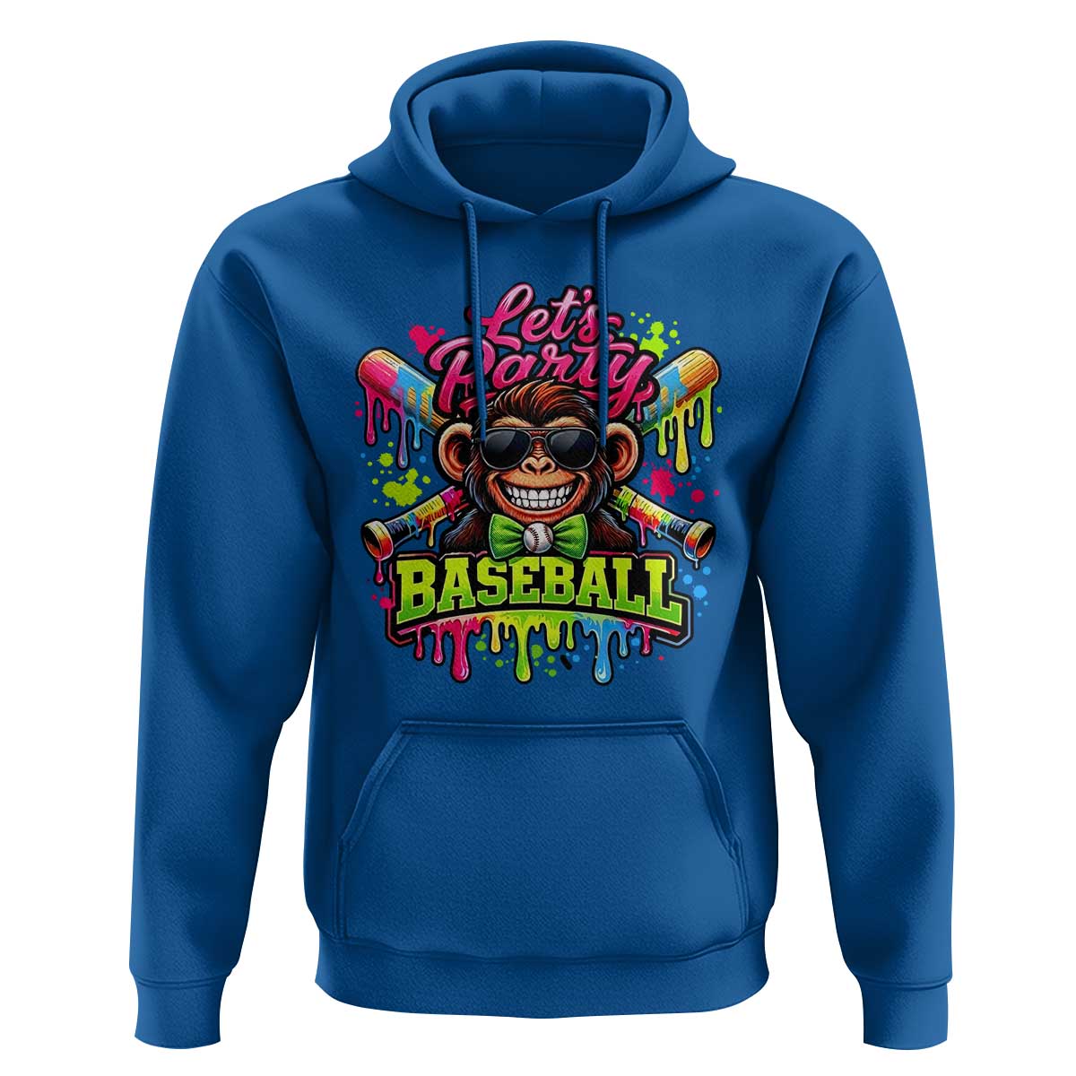 Lets Party Baseball Monkey Neon Dripping Graphic Hoodie Funny Ball Party Game Day Fans
