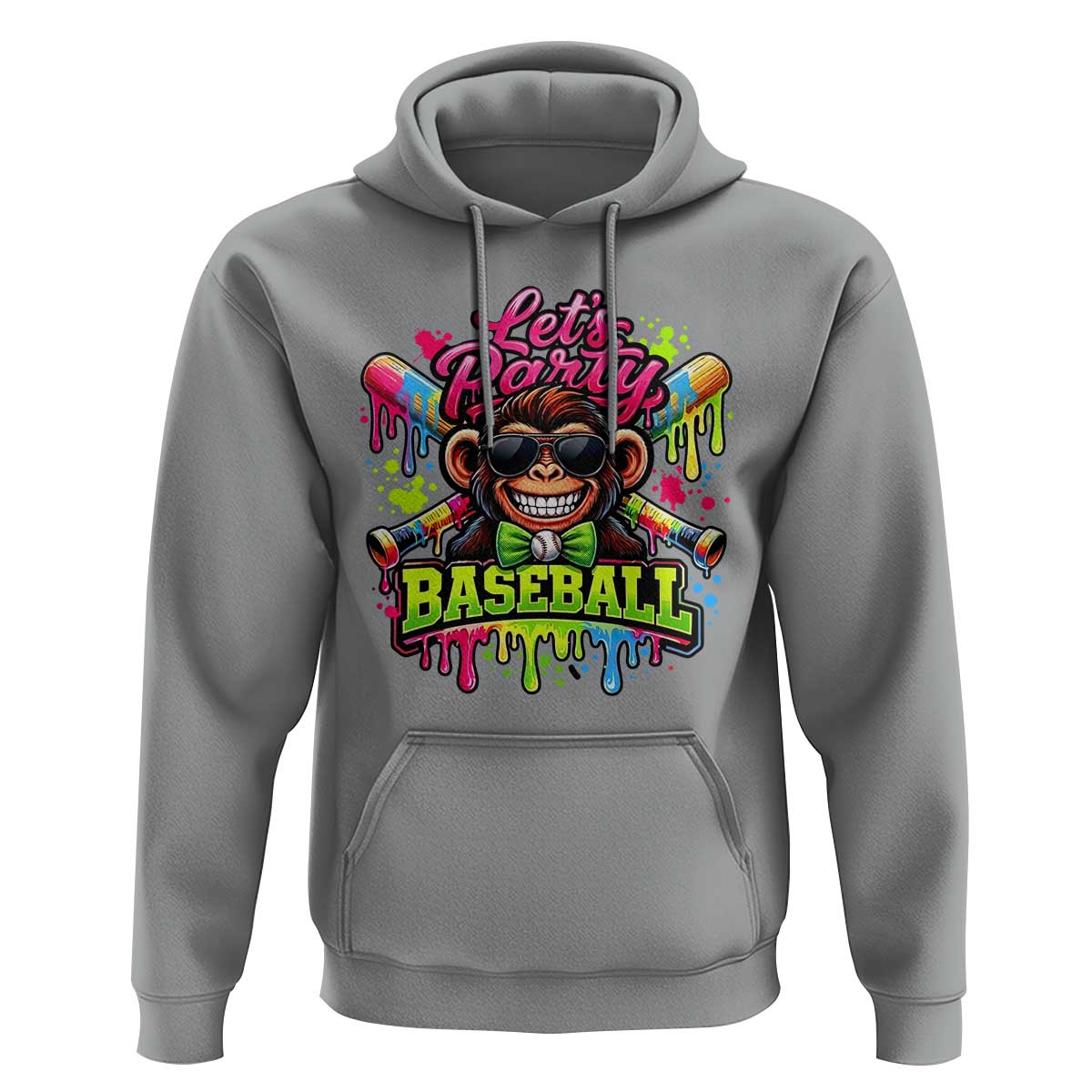 Lets Party Baseball Monkey Neon Dripping Graphic Hoodie Funny Ball Party Game Day Fans