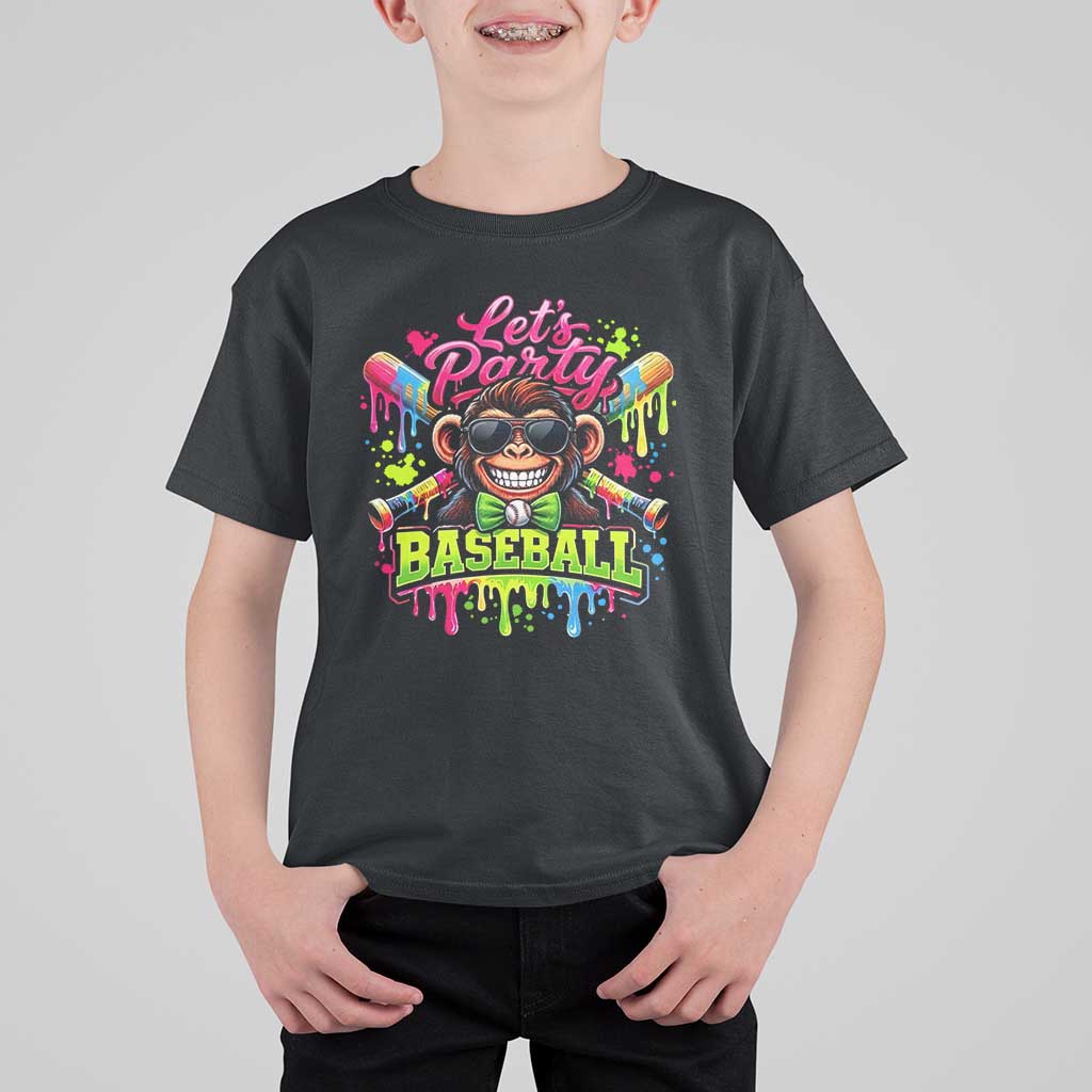 Lets Party Baseball Monkey Neon Dripping Graphic T Shirt For Kid Funny Ball Party Game Day Fans