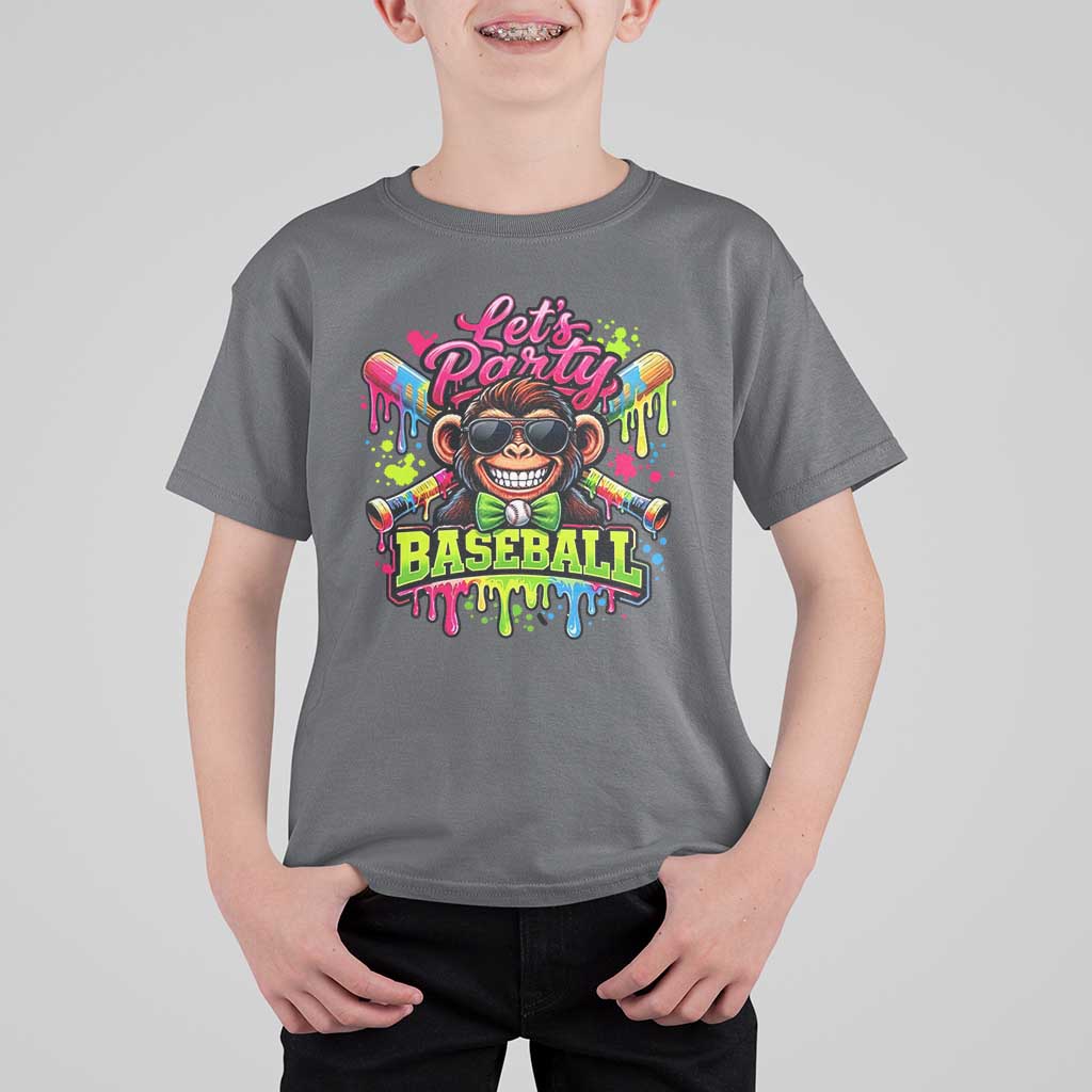 Lets Party Baseball Monkey Neon Dripping Graphic T Shirt For Kid Funny Ball Party Game Day Fans