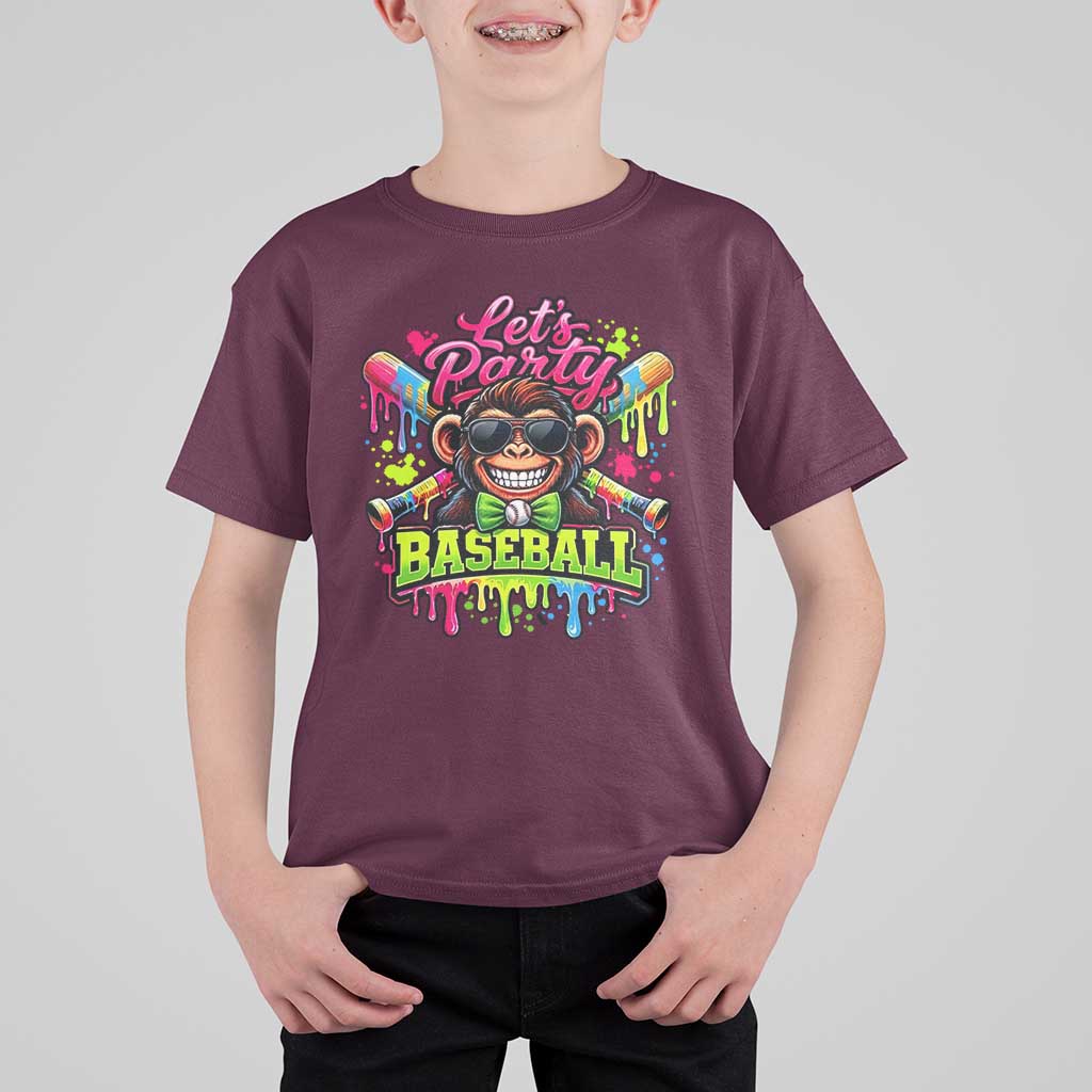 Lets Party Baseball Monkey Neon Dripping Graphic T Shirt For Kid Funny Ball Party Game Day Fans