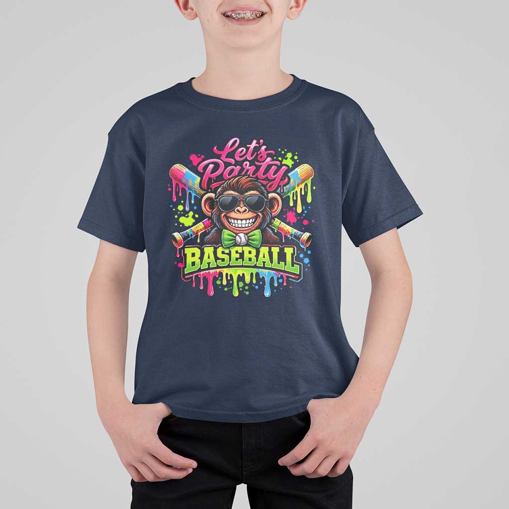 Lets Party Baseball Monkey Neon Dripping Graphic T Shirt For Kid Funny Ball Party Game Day Fans