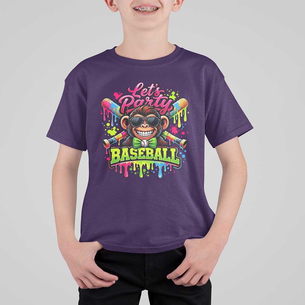 Lets Party Baseball Monkey Neon Dripping Graphic T Shirt For Kid Funny Ball Party Game Day Fans