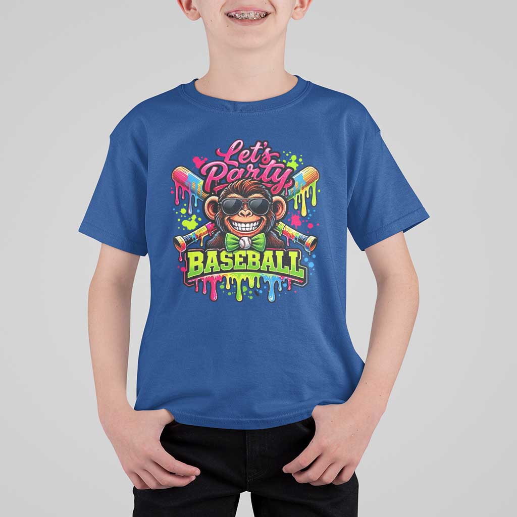 Lets Party Baseball Monkey Neon Dripping Graphic T Shirt For Kid Funny Ball Party Game Day Fans