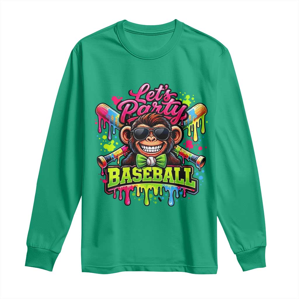 Lets Party Baseball Monkey Neon Dripping Graphic Long Sleeve Shirt Funny Ball Party Game Day Fans
