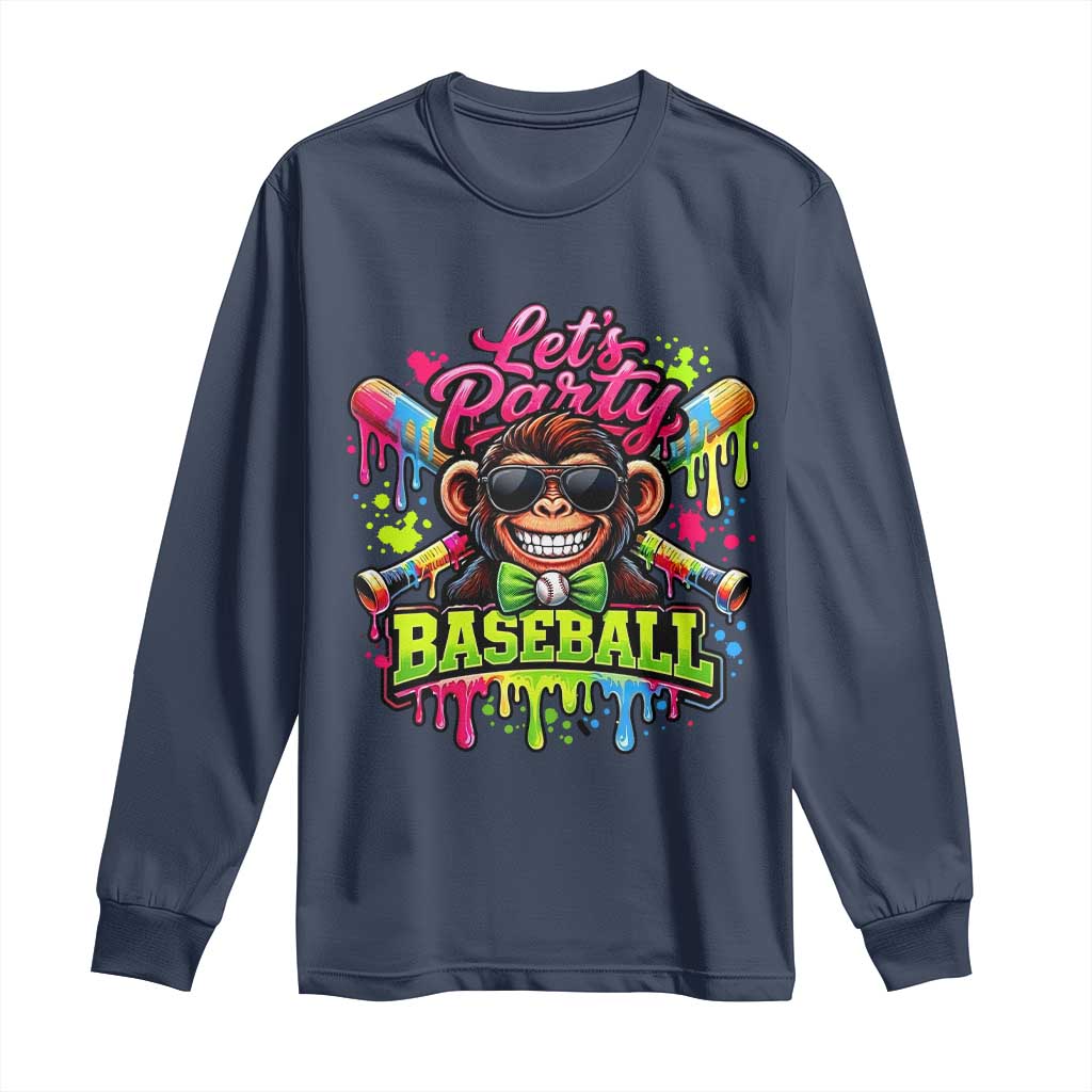Lets Party Baseball Monkey Neon Dripping Graphic Long Sleeve Shirt Funny Ball Party Game Day Fans
