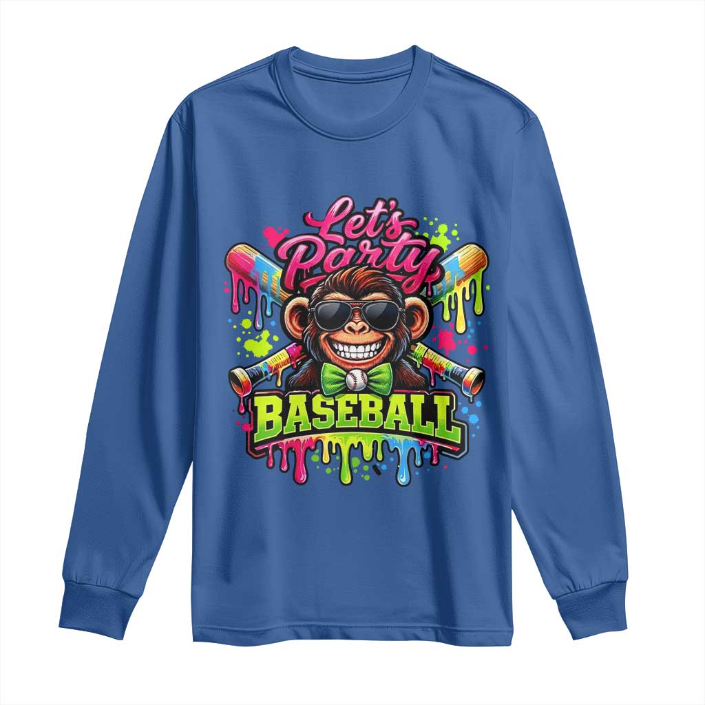 Lets Party Baseball Monkey Neon Dripping Graphic Long Sleeve Shirt Funny Ball Party Game Day Fans